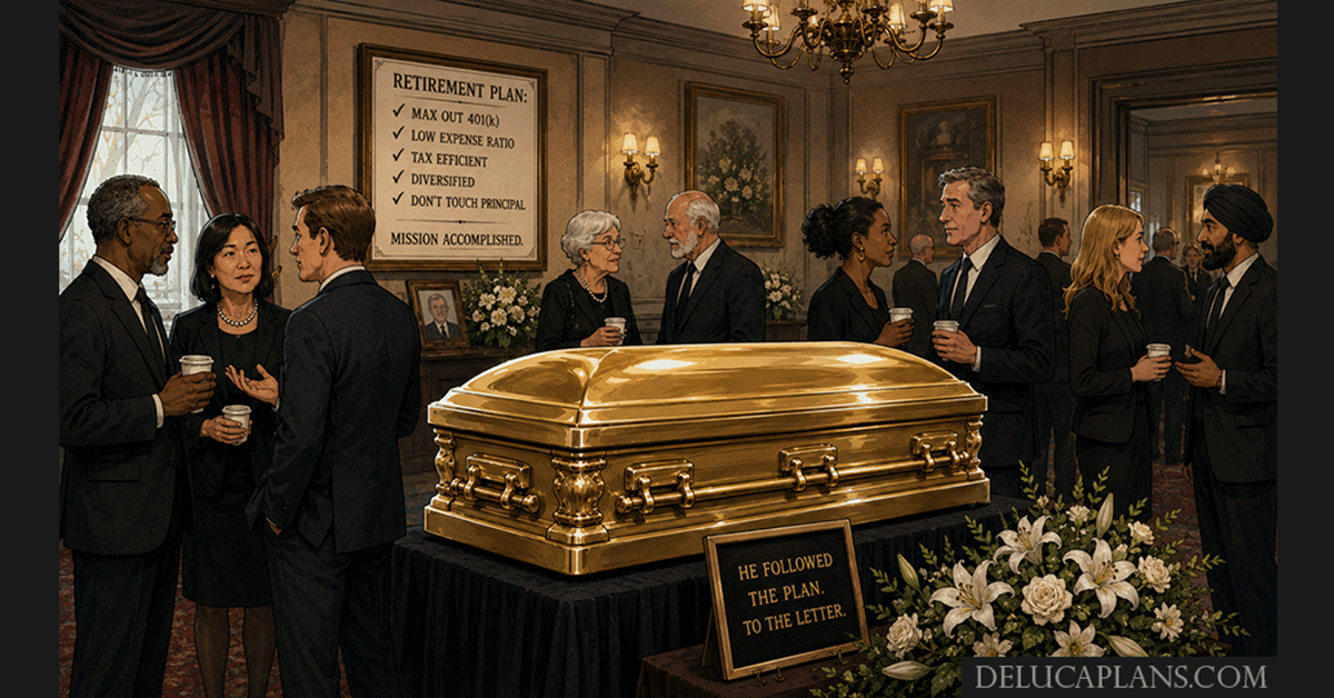 A satirical illustration of a golden casket at a funeral beside a retirement plan checklist.